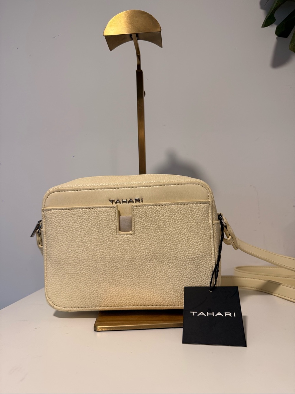 Tahari Cream Pebbled Leather Crossbody Bag